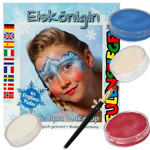 Kinderschmink-Set Eiskönigin, Motiv-Set, 3 Farben, 1 Eisglanzpuder u. mehr von Eulenspiegel