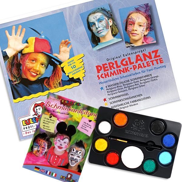 Perlglanz Schminkpalette mit 8 Schminkfarben, Pinsel, Schwamm und ausführl. Schminkanleitung, 19 Motive