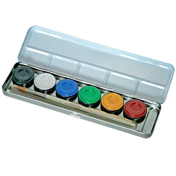 Schminkpalette mit 6 Farben im Metalletui, nachfüllbar, inkl. Profi-Schminkpinsel von Eulenspiegel