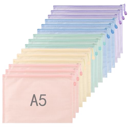 15 Stück Dokumententasche mit Reißverschluss A5, Bunte Document Taschen, Mesh Kunststoff Reißverschlusstasche für Dokumente, Quittung, Papier, Schule, Zuhause, Kosmetik, Reise (5 Farben) von Euleryoo