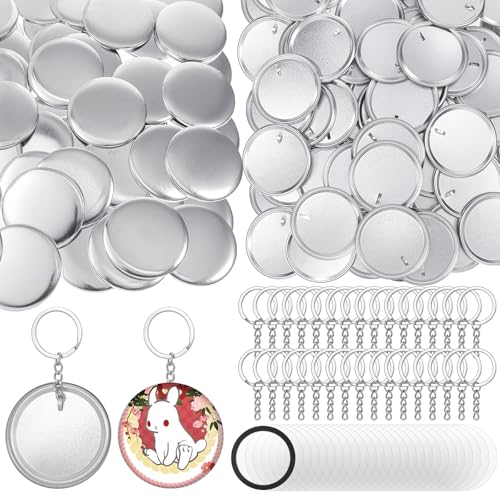 100 Sets Button Maker Keychain Supplies 58 mm Pin Back Making Kit für Button Maker Maschine einschließlich Metallabzeichen-Sets, Metallgehäuse, Rückabdeckung, transparente Folie und Kettenkopf von EupHHonycs