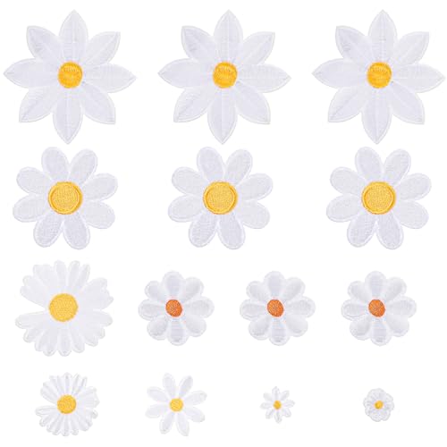 14 Stück Blumen-Aufnäher zum Aufbügeln für Kleidung, weiße süße Blumen, zum Aufbügeln, Gänseblümchen-Applikation, bestickte Applikation für Taschen, Jeans, Jacken, Kleidung von EupHHonycs