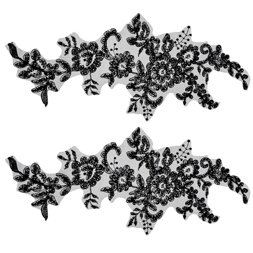 2 Stück Stickerei Pailletten Spitze Applikation Schwarz Applikation Nähen Blume Stoff Kragen Patch für Jacke Jeans Pullover DIY Handwerk von EupHHonycs