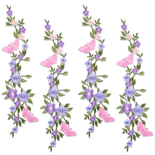 4 Stück lange florale Aufnäher zum Aufbügeln, Blumenranke, bestickt, mit Blatt, für Kleidung, Hochzeitskleider, Taschen, Hüte, Jeans, Jacken, Pullover, DIY, Basteln, dekorative Reparaturen von EupHHonycs