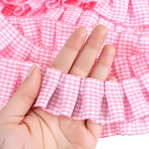 Rosa Gingham-Rüschen-Spitzenborte, 4 cm x 4,57 m, gerafftes Gingham-Band, Stoff-Rand, Bordüre für Heimdekoration, Merch Flöße, Verzierung von EupHHonycs