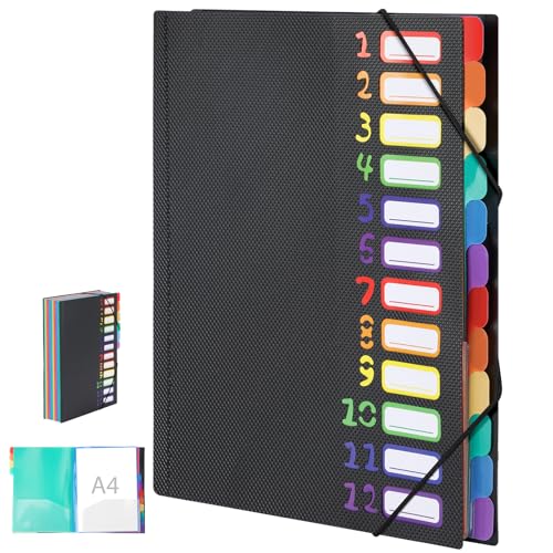 Euqvunn 12-Fach Dokumentenmappe A4, 180° Lay-Flat Open Mappe mit Fächern, Ordnungsmappe mit Gummiband, Schwarz A4 Sortiermappe mit Regenbogen-Etiketten, Ideal für Büro und Schule von Euqvunn
