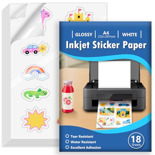 Euqvunn 18 Sheets Stickerpapier zum Selbst Drucken A4, Glänzend Weiß Wasserdicht Bedruckbares Vinyl Sticker Papier, Selbstklebende Vollseite für Inkjet-Drucker, Schnelltrocknend, 210x297mm Euqvunn 18 Sheets Stickerpapier zum Selbst Drucken A4, Glänzend Weiß Wasserdicht Bedruckbares Vinyl Sticker Papier, Selbstklebende Vollseite für Inkjet-Drucker, Schnelltrocknend, 210x297mm von Euqvunn