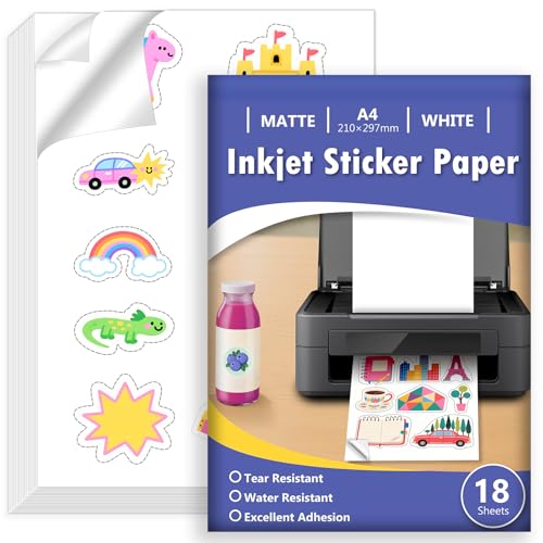 Euqvunn 18 Sheets Stickerpapier zum Selbst Drucken A4, Matte Weiß Wasserdicht Bedruckbares Vinyl Sticker Papier, Selbstklebende Vollseite für Inkjet-Drucker, Schnelltrocknend, 210x297mm Euqvunn 18 Sheets Stickerpapier zum Selbst Drucken A4, Matte Weiß Wasserdicht Bedruckbares Vinyl Sticker Papier, Selbstklebende Vollseite für Inkjet-Drucker, Schnelltrocknend, 210x297mm von Euqvunn