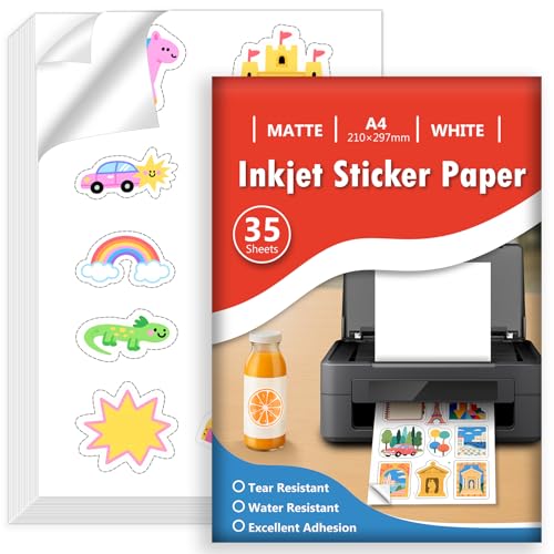 Euqvunn 35 Sheets Stickerpapier zum Selbst Drucken A4, Matte Weiß Wasserdicht Bedruckbares Vinyl Sticker Papier, Selbstklebende Vollseite für Inkjet-Drucker, Schnelltrocknend, 210x297mm von Euqvunn