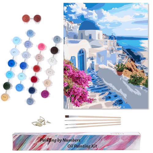 Euqvunn Malen nach Zahlen Erwachsene, DIY 40x50 cm Paint by Numbers Set mit 4 Pinseln und Acrylfarben für Anfänger – Ölmalerei-Kunsthandwerk für Wanddekoration (Santorini-Stil) von Euqvunn