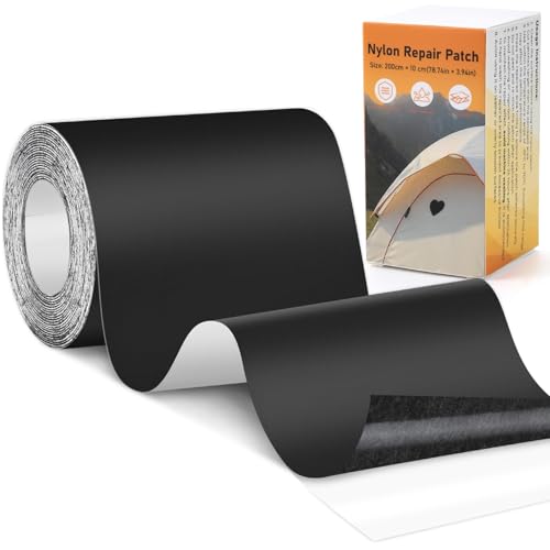 Euqvunn Nylon Flicken Selbstklebend, Selbstklebendes Zelt Reparaturset (200cm x 10cm), Schweres Nylon, Wasserabweisend, flicken selbstklebend stoff für Zelte, Jacken, Rucksäcke (Schwarz) von Euqvunn