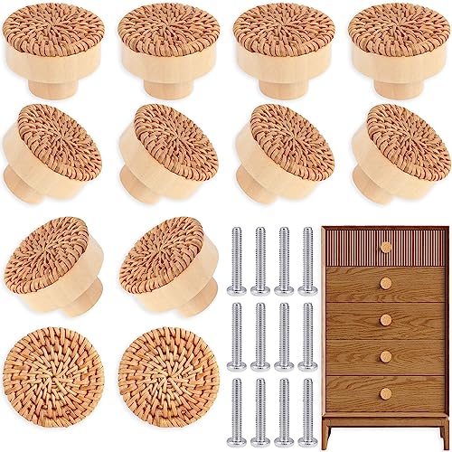 12 Stück Rattan Möbelknöpfe Schrankknöpfe Boho Deko Schränke Möbelknöpfe Holz Kommodenknöpfe Schubladenknöpfe Vintage Schubladenschrank Holz Griffe für Küchenschränke Türknauf Schrankgriffe 4cm von EureKaEr