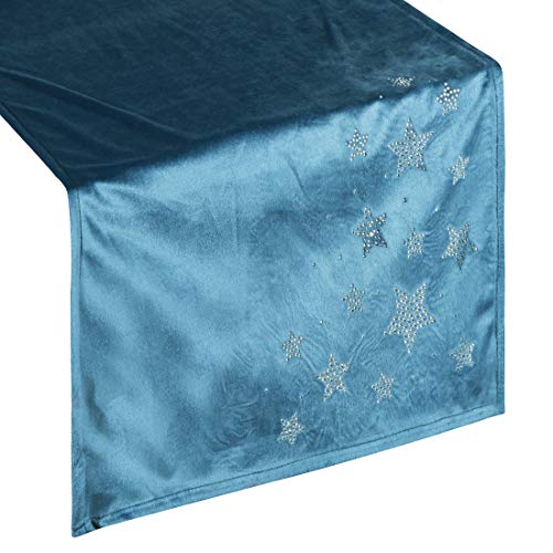 Eurofirany Tischdecke Tischläufer Tischdekoration Tischband Tischtuch Weihnachten Christmas Tischdeko Sterne Samt, Marineblau, 40x140cm von Eurofirany