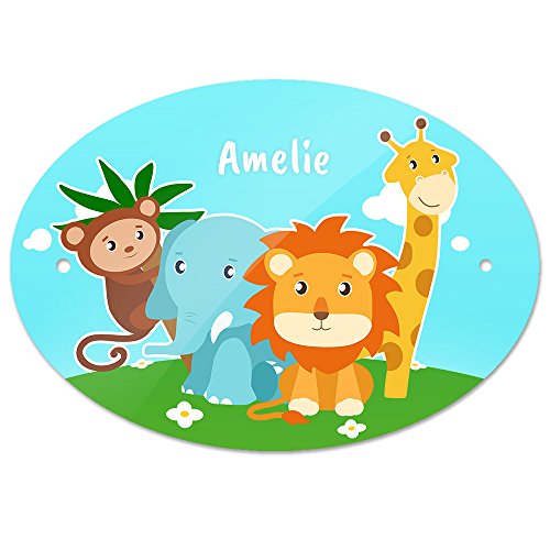 Türschild mit Namen Amelie und schönem Tier-Motiv mit Affe, Elefant, Löwe und Giraffe für Mädchen | Kinderzimmer-Schild von Eurofoto