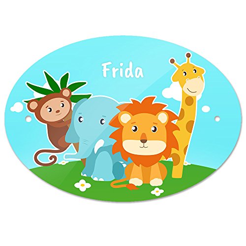 Türschild mit Namen Frida und schönem Tier-Motiv mit Affe, Elefant, Löwe und Giraffe für Mädchen | Kinderzimmer-Schild von Eurofoto