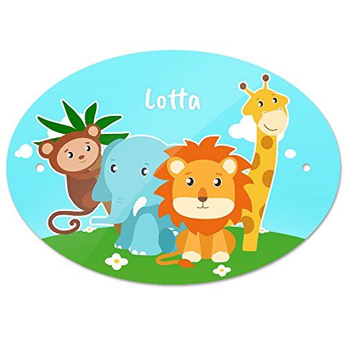 Türschild mit Namen Lotta und schönem Tier-Motiv mit Affe, Elefant, Löwe und Giraffe für Mädchen | Kinderzimmer-Schild von Eurofoto