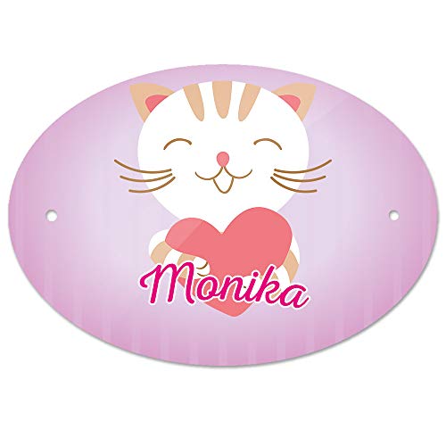 Türschild mit Namen Monika und Motiv Katze mit Herz | Kinderzimmer-Schild von Eurofoto