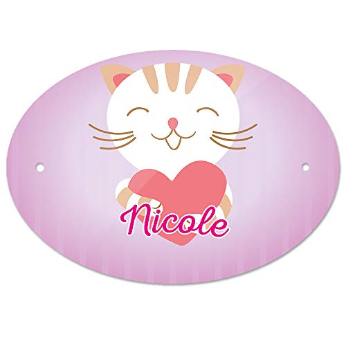 Türschild mit Namen Nicole und Motiv Katze mit Herz | Kinderzimmer-Schild von Eurofoto