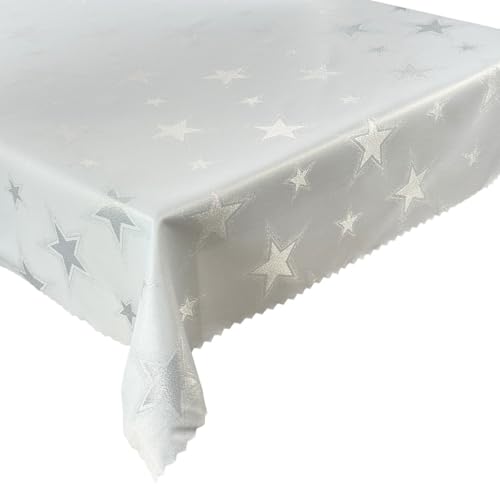 Euromat Zweiseitige ECKIG Tischdecke Jacquard Feierlich Große Sterne Fleckenresistente abwaschbar Silber Weiß 185 GSM Lotus-Effekt Eckig Öko-Tex (160x300 cm) von Euromat