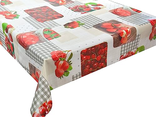 Wachstuch Tischdecke abwaschbar Gartentischdecke, Viele Größen und Designs, wasserabweisend (Früchte Erdbeeren Kirschen Rot Grau Weiß- J-6286-1, 140 cm RUND) von Euromat