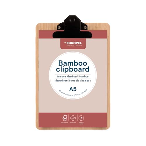 EUROPEL Bambus-Klemmbrett – Robuste Hartfaserplatte in Braun mit schwarzem Metallclip & verdecktem Aufhängeloch – A5 Clipboard für Schule, Büro, Geschäft, Lager, Restaurant – 197011 EUROPEL Bambus-Klemmbrett – Robuste Hartfaserplatte in Braun mit schwarzem Metallclip & verdecktem Aufhängeloch – A5 Clipboard für Schule, Büro, Geschäft, Lager, Restaurant – 197011 von Europel