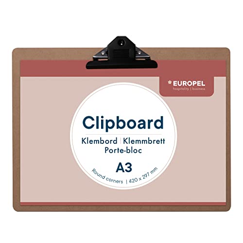 EUROPEL Klemmbrett aus Holz, A3, Querformat, FSC-zertifiziert, MDF, mit schwarzem Metallclip, für Klassenzimmer, Büro, Geschäft, Restaurant, Lager, 330x440x3mm von Europel