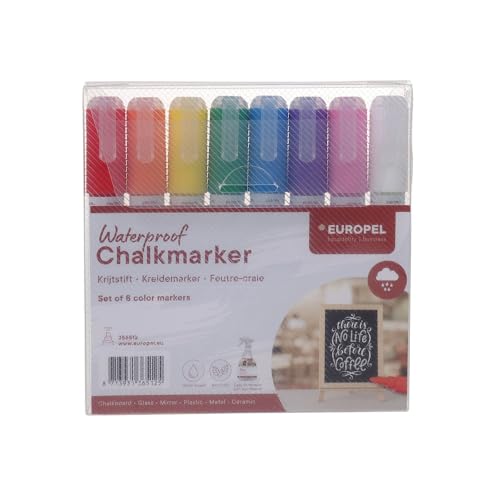 Europel Wasserabweisender Kreidemarker, 6 mm Spitze, Set mit 8 bunten Markern für Nachrichten im Innen- und Außenbereich, Tafeln, Schieferplatten, Schilder, Fenster Europel Wasserabweisender Kreidemarker, 6 mm Spitze, Set mit 8 bunten Markern für Nachrichten im Innen- und Außenbereich, Tafeln, Schieferplatten, Schilder, Fenster von Europel