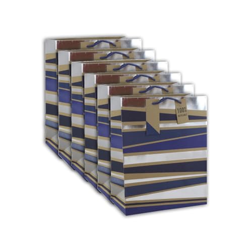 Clairefontaine 30597-2Cpack – ein Set mit 6 Geschenktüten aus Kraftpapier, groß – 26,5 x 14 x 33 cm – 210 g – Motiv: blaue Streifen auf Kraft – Ideal für: Gesellschaftsspiele, Puzzles, Geschenke von Eurowrap