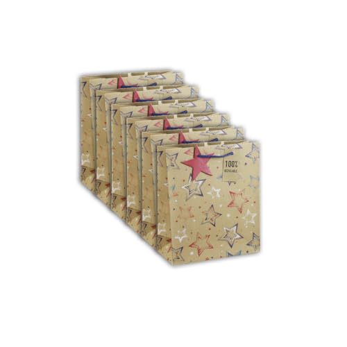 Clairefontaine 30603-3Cpack – 6 Geschenktüten aus Kraftpapier, mittelgroß, 21,5 x 10,2 x 25,3 cm, 210 g, Motiv: bunte Sterne, Geschenkverpackung, ideal für: Buch, Spiel, kleine Geschenke von Eurowrap