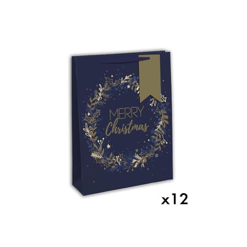 Clairefontaine X-29133-2Cpack Geschenktüten Excellia, groß, 26,5 x 14 x 33 cm, 210 g, Motiv: Blau/Gold, Blumenkranz, Weihnachten, Weihnachten, ideal für: Gesellschaftsspiele, Puzzles, 12 Stück von Eurowrap