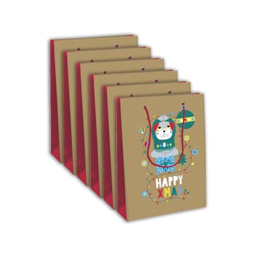 Clairefontaine X-29550-2Cpack – ein Set mit 6 Geschenktüten aus Kraftpapier, groß – 26,5 x 14 x 33 cm – 210 g – Motiv: Bulldogge, Yoga-Tiere, Weihnachten, Merry Christmas, ideal für: von Eurowrap