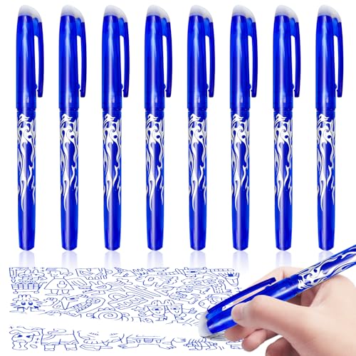 Eurtes Radierbarer Kugelschreiber, 8 Stück Blau Tintenroller Radierbar Set 0.5mm Löschbare Gelschreiber, Nachfüllbarer Radierstift, Radierbare Stifte für Bürobedarf Schulsachen von Eurtes
