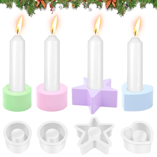 Eurtes Silikonform Kerzenhalter, Silikon Gießform Kerzenhalter, DIY Pentagramm Runder Stabkerzenhalter Kerzenformen, Silikon Kerzenhalter Form für Weihnachten (4 Stück) von Eurtes