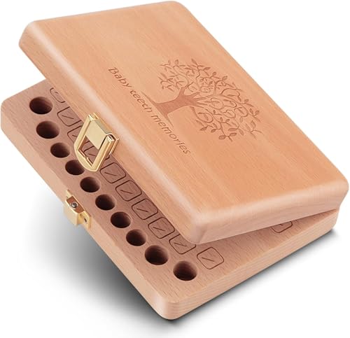 Euscmaic Holz Zahndose Milchzahnbox für Mädchen und Jungen - Personalisierte Baby Zahnfee-Aufbewahrungsdose mit Fotorahmen - Milchzähne Erinnerungsbox von Euscmaic