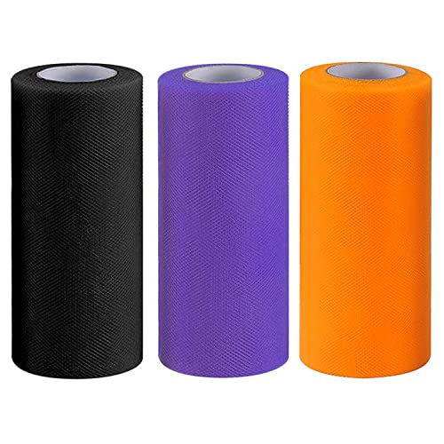 Euvoym 3 Rollen Halloween Tüll Stoff Spule Rolle Schwarz Orange Lila Sheer Stoff Spule Band für Tutu Schleifen Herstellung Halloween Dekoration, 15,2 cm x 22,7 m/Spule von XNHIU