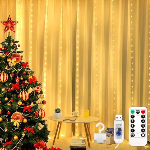 EvaStary Lichtervorhang 200 LEDs 2x2m Lichtervorhang innen USB warmweiß, Lichterkette innen fenster mit 10 Haken, für außen und innen Deko Weihnachten Hochzeit Party Fenster von EvaStary
