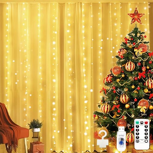 Lichtervorhang innen 2x2M, 200 LED Lichterketten Vorhang mit 8 Modi Fernbedienung Timer, USB Lichterkettenvorhang Wasserdicht mit 10 Haken für Schlafzimmer Zimmer Party Weihnachten Deko, Warmweiß von EvaStary