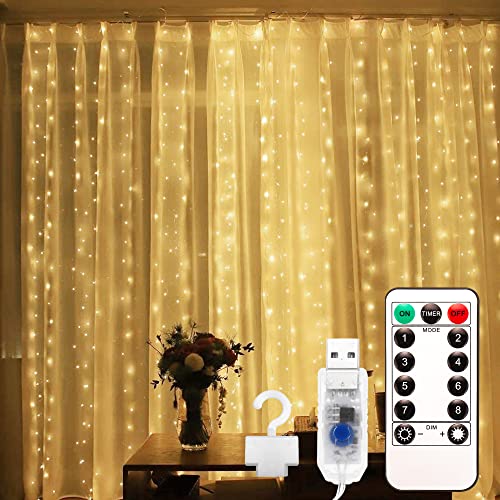 EvaStary Lichtervorhang 300 LEDs 3x3m Lichtervorhang innen USB warmweiß, Lichterkette innen fenster mit 10 Haken, für außen und innen Deko Weihnachten Hochzeit Party Fenster von EvaStary