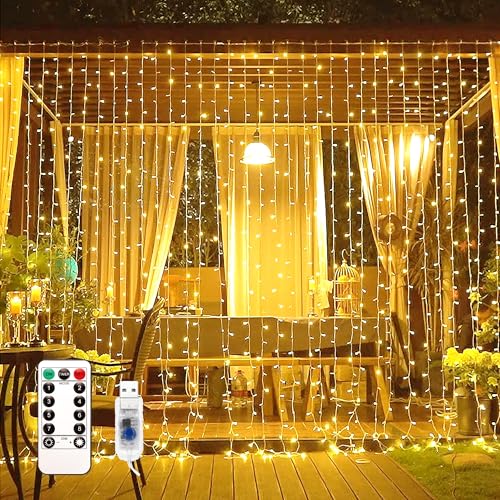EvaStary Lichtervorhang 3x3 Meter LED Lichtervorhang Innen USB Warmweiß, Lichterkette Innen Fenster mit 8 Modi Fernbedienung, für Außen und Innen Fenster Weihnachten Deko Party Hochzeit von EvaStary