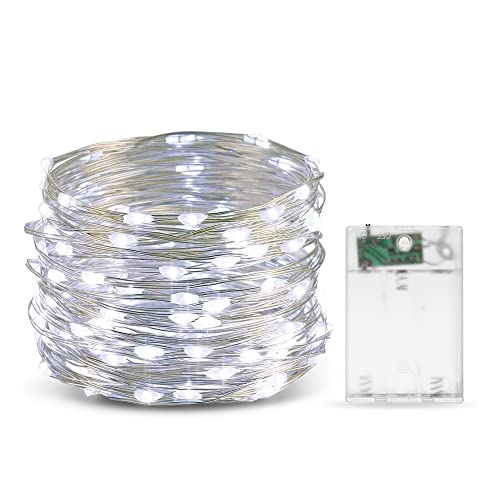 Leuchtende Ketten, 10 m, 100 LEDs, batteriebetriebene LED-Lichterkette, wasserdichter leuchtender Draht, tragbare Lichterketten für Schlafzimmer, Garten, Zuhause, Party, Hochzeit (kaltes Weiß) von EvaStary