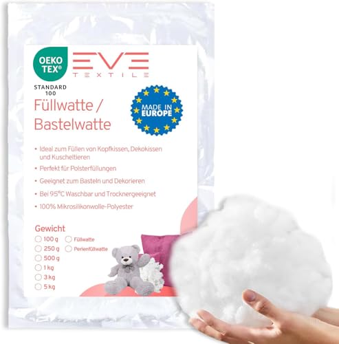 EVE Textile® 5 kg Füllwatte für Kissen; Flauschiges Füllmaterial & Stopfmaterial; Kissenfüllung, Bastelwatte, Füllung für Stofftiere, Kuscheltiere; Öko-Tex 100 Zertifiziert von Eve Textile GmbH