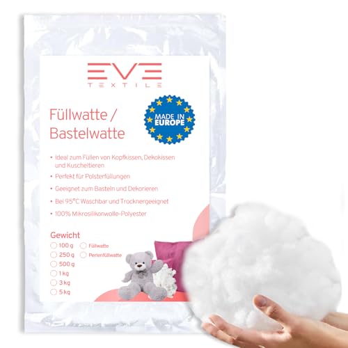 EVE Textile® Premium Füllwatte; 1kg Flauschiges Füllmaterial Kissenfüllung für Kissen, Stofftiere & Basteln; Hochwertiges Stopfmaterial 100% Polyester; Waschbar bis 95°C (Füllwatte, 1000 Gramm) von Eve Textile GmbH