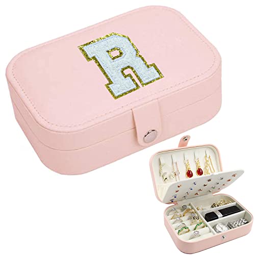 Evemri Monogramm Buchstabe Initiale Schmuckschatulle, Reise Schmuck Organizer Fällen mit Doppelschicht Personalisierte Geschenke für Frauen Halskette Ohrringe Ringe Schmuck Halter Organizer (R) von Evemri