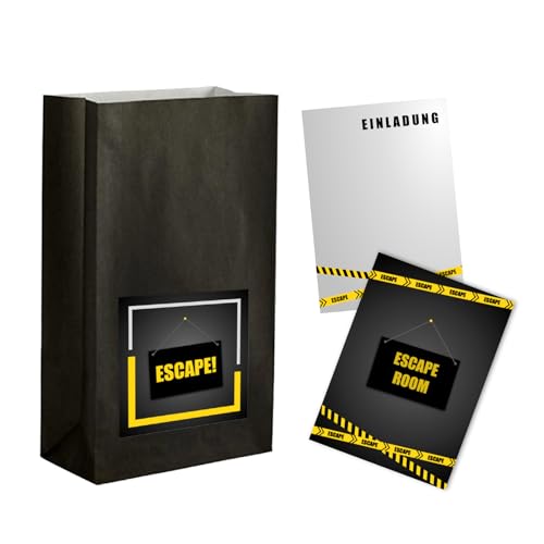 EventBoxx 12 x Escape Room Einladung mit o. ohne Partytüten | Escape Game Party Einladungskarten Kindergeburtstag Mädchen, Jungen | Das Geburtstags-Abenteuer beginnt (Einladungen, Partytüten) von EventBoxx