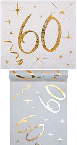 Eventausstattung24 Geburtstag Set/Tischband 60 Gold + Servietten 60 Gold/Geburtstagsdekoration/Servietten 60/ Tischband Geburtsta von Eventausstattung24