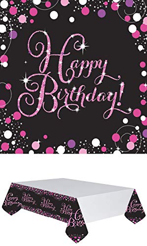 Partyset zum Geburtstag/Servietten + Tischdecke mit dem Aufdruck „Happy Birthday“, in den Farben Schwarz und Rosa von Eventausstattung24