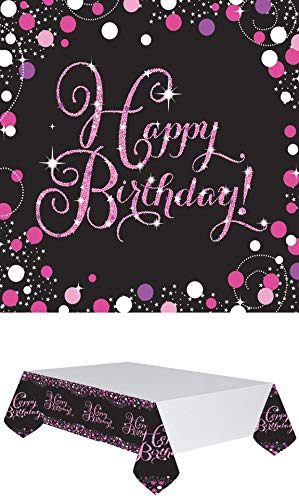 Partyset zum Geburtstag / Servietten + Tischdecke mit dem Aufdruck „Happy Birthday“, in den Farben Schwarz und Rosa von Eventausstattung24