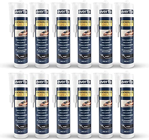EVERFIX Montagekleber schwarz (12 Stück) für innen und außen, extra starker Kraftkleber für Metall, Holz, Fliesen, etc, Baukleber zum Kleben und Abdichten, 325 g / 290 ml von Everfix