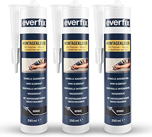 EVERFIX Montagekleber schwarz (3 Stück) für innen und außen, extra starker Kraftkleber für Metall, Holz, Fliesen, etc, Baukleber zum Kleben und Abdichten, 325 g / 290 ml von Everfix