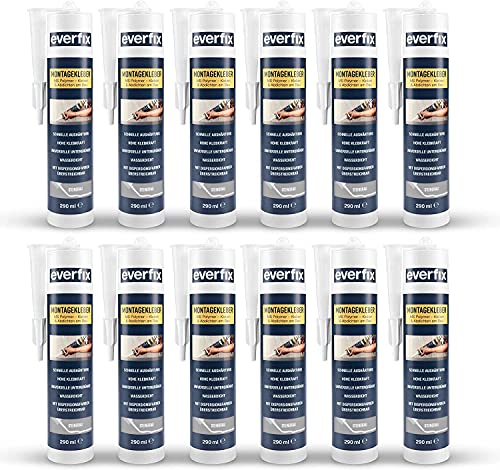 EVERFIX Montagekleber steingrau (12 Stück) für innen und außen, extra starker Kraftkleber für Metall, Holz, Fliesen, etc, Baukleber zum Kleben und Abdichten, 325 g / 290 ml von Everfix